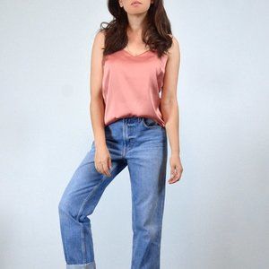 Satin-Look V-Neck Tank Top with Adjustable Straps in Dusty Rose, sz S